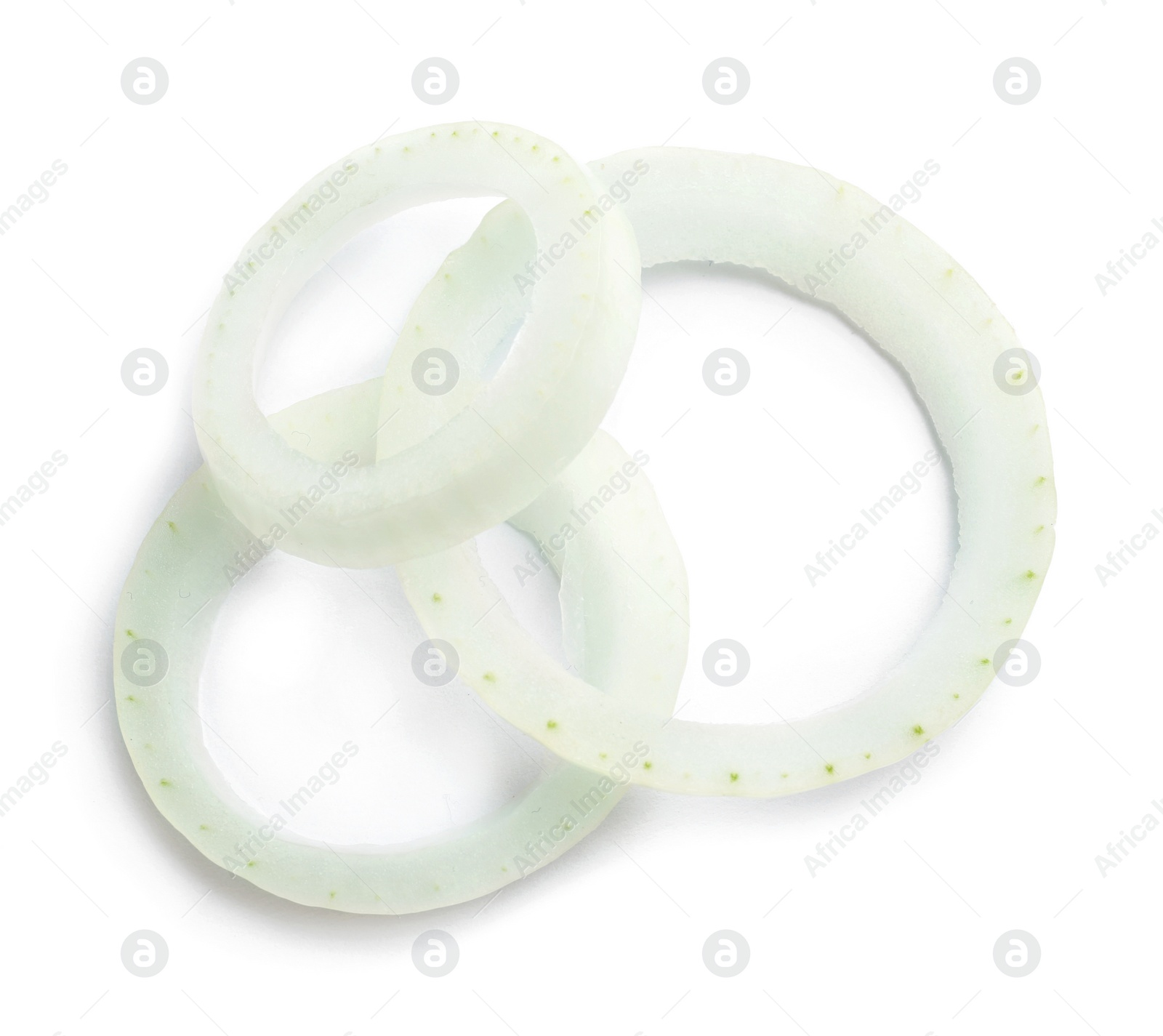 Photo of Fresh raw onion rings on white background