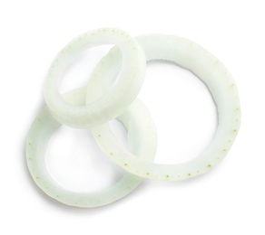 Photo of Fresh raw onion rings on white background