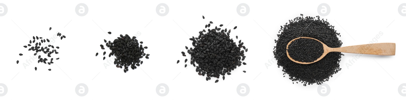 Image of Set with black sesame seeds on white background, top view. Banner design