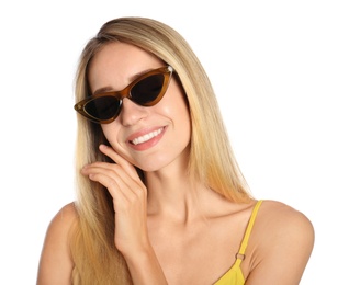 Photo of Beautiful woman in stylish sunglasses on white background