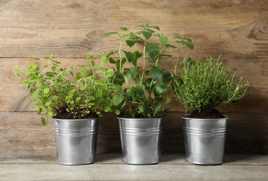 Photo of Different aromatic potted herbs on wooden table