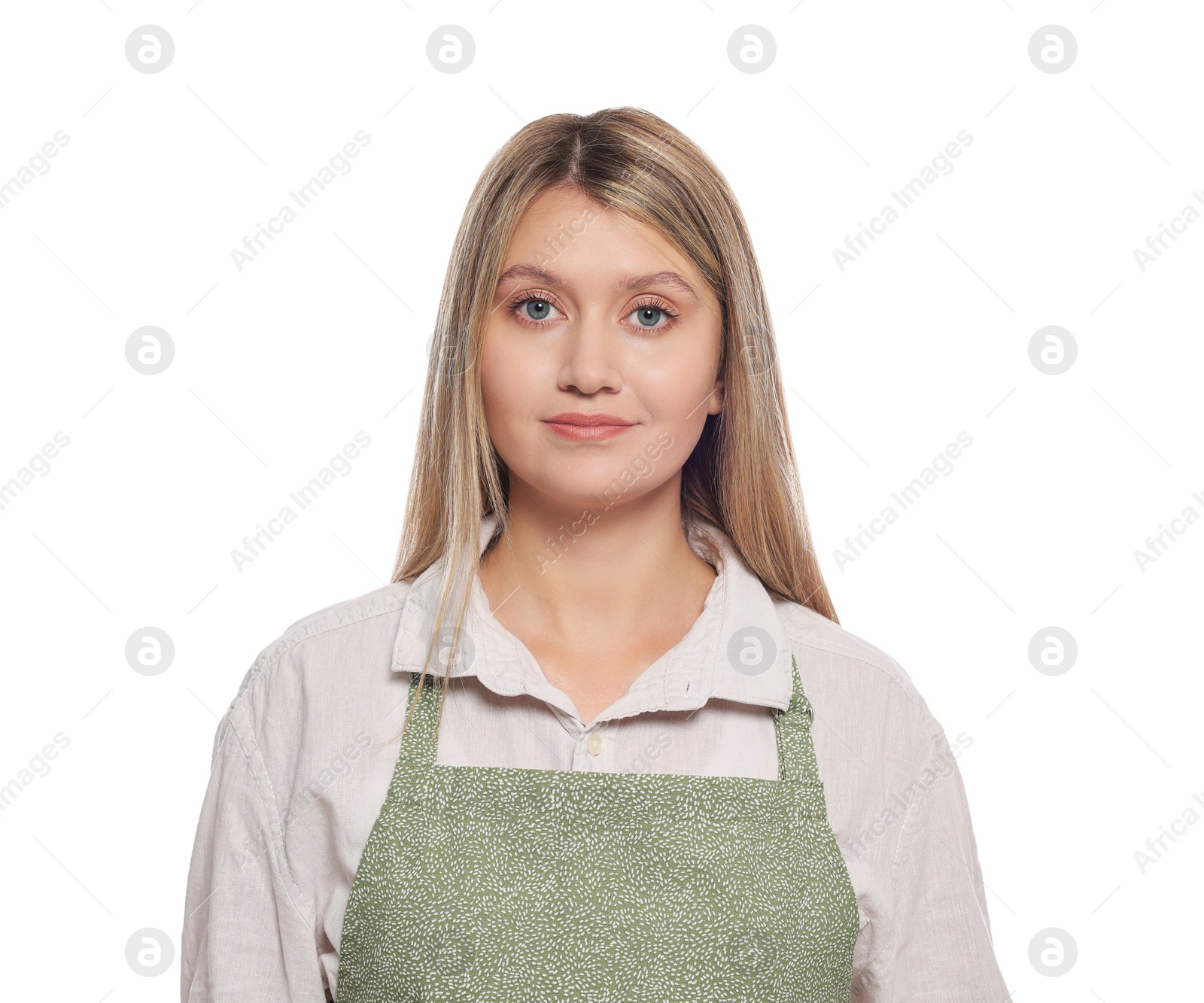 Photo of Beautiful young woman in clean apron on white background