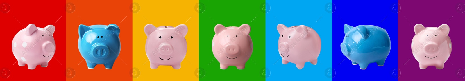 Image of Set with piggy banks on different color backgrounds. Banner design