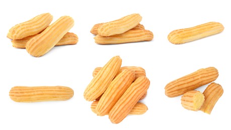 Image of Collage with tasty eclairs on white background