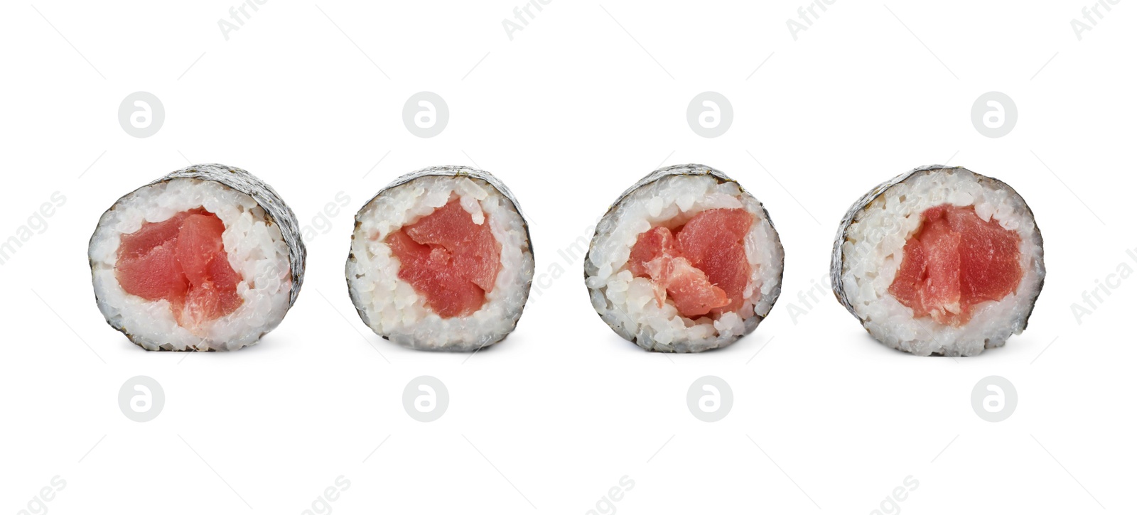 Photo of Delicious sushi rolls with tuna on white background