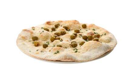Photo of Traditional Italian focaccia bread with olives, cheese and thyme isolated on white
