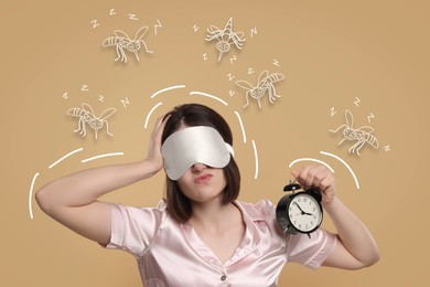 Image of Insomnia. Woman in sleep mask with alarm clock can`t falling asleep because of buzzing mosquitos on beige background. Illustrations of insect