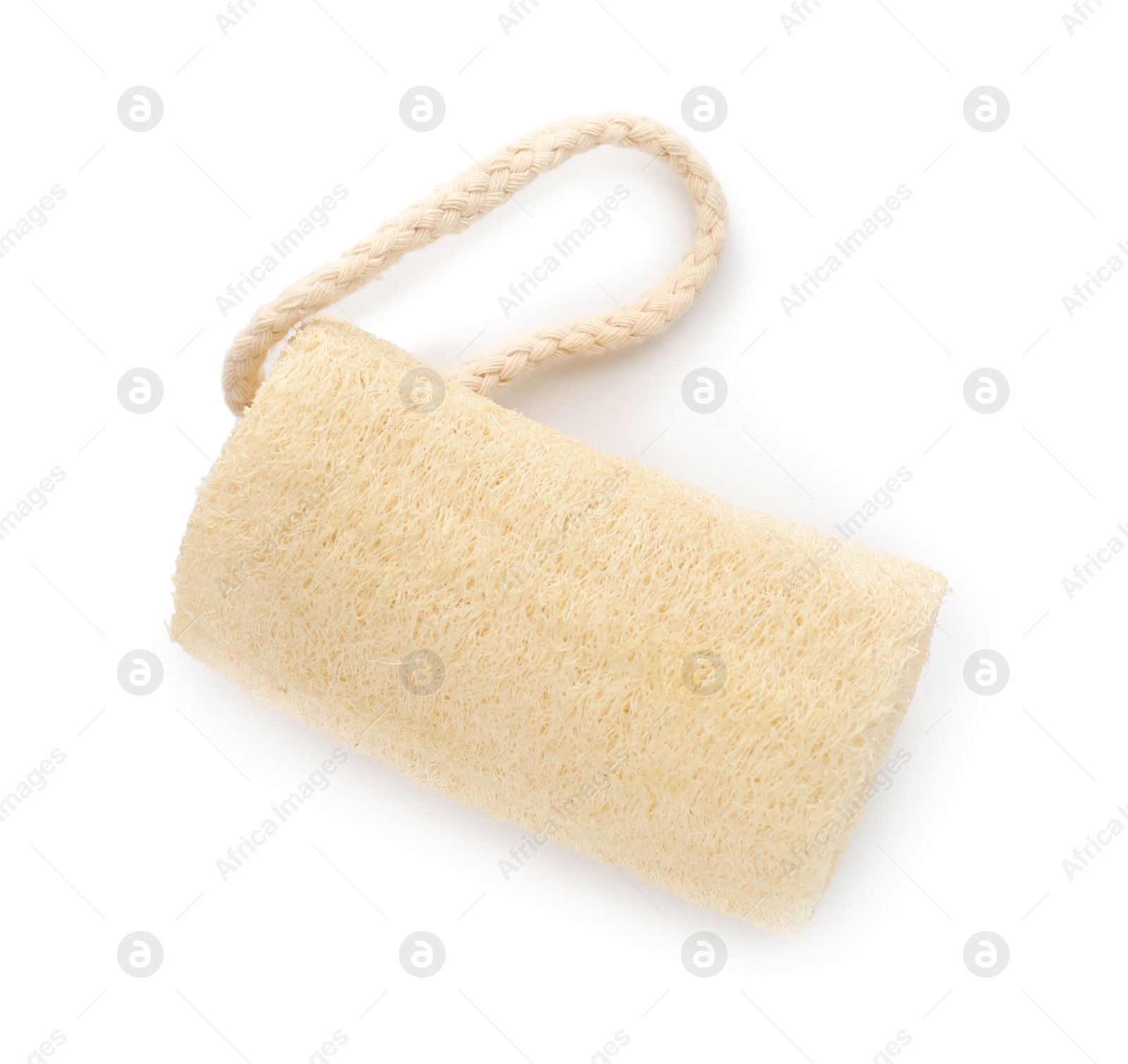 Photo of One natural loofah sponge isolated on white, top view