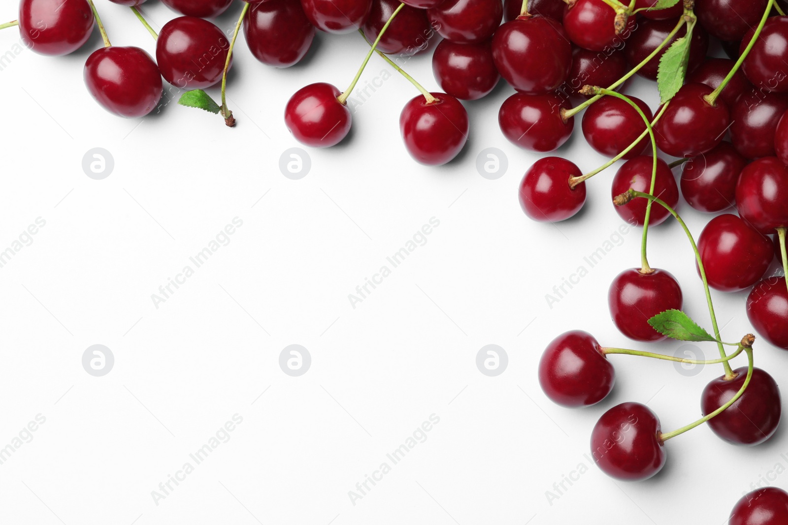 Photo of Tasty ripe cherries with leaves on white background, top view