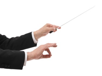 Photo of Professional conductor with baton on white background, closeup