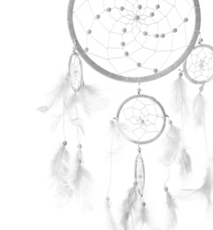 Beautiful handmade dream catcher on white background, closeup