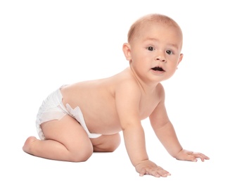 Cute little baby crawling on white background