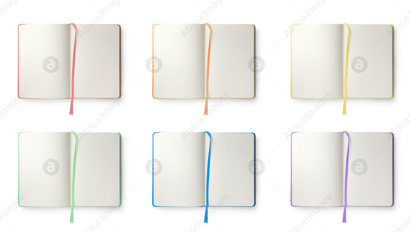 Image of Set with different open notebooks with blank sheets on white background, top view