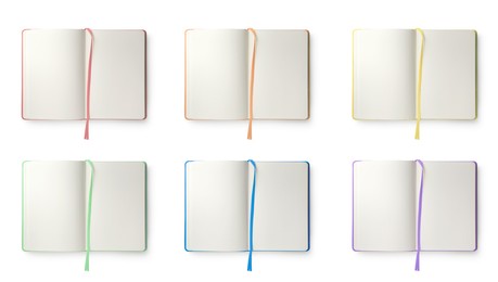 Set with different open notebooks with blank sheets on white background, top view