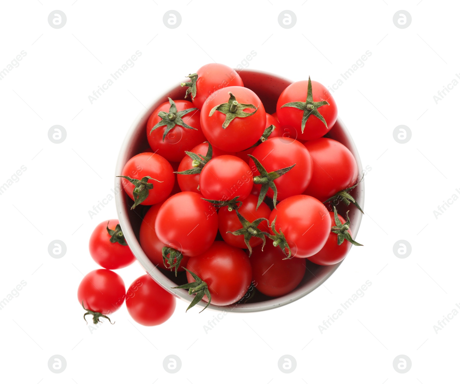 Photo of Fresh ripe cherry tomatoes in bowl on white background, top view