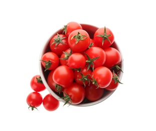 Fresh ripe cherry tomatoes in bowl on white background, top view