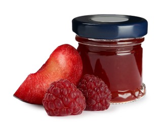 Photo of Jar of sweet jam and fresh ingredients on white background