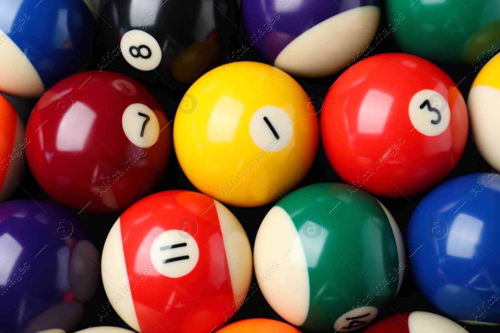 Photo of Many colorful billiard balls as background, top view