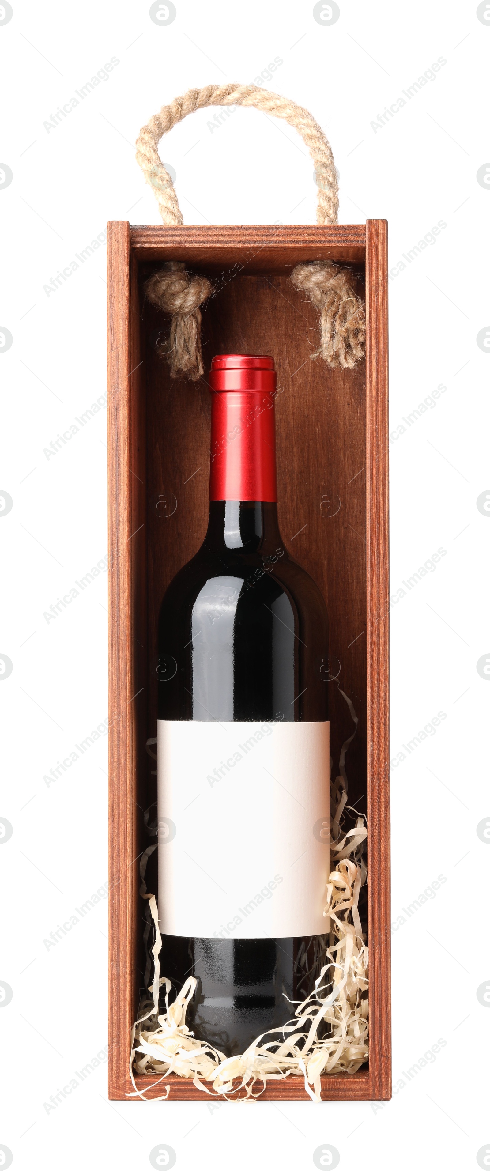 Photo of Wooden gift box with wine isolated on white