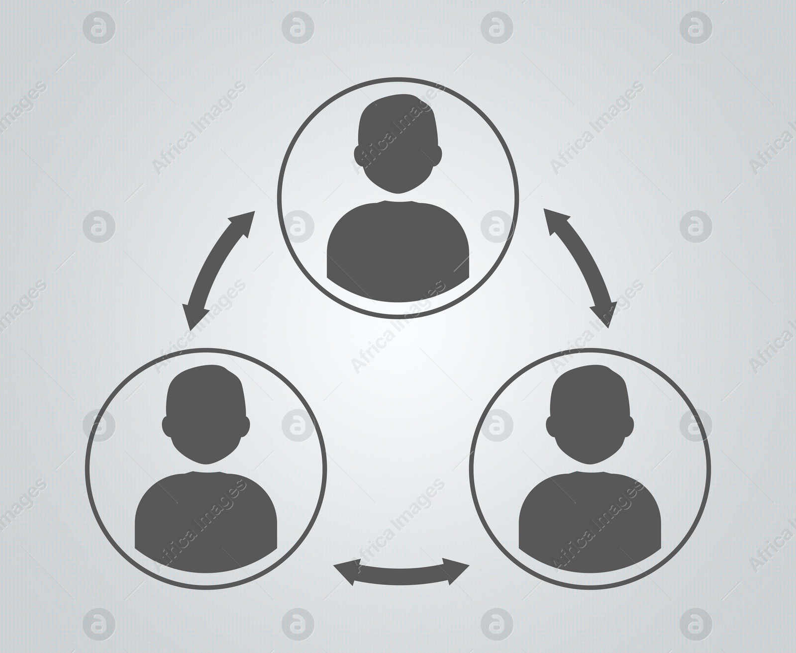 Illustration of Human icons connected with double arrows on grey background, illustration. Multi-user system