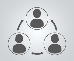 Illustration of Human icons connected with double arrows on grey background, illustration. Multi-user system