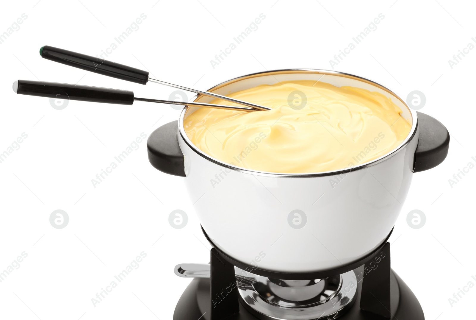 Photo of Pot with delicious cheese fondue and forks on white background