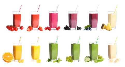 Image of Set with different tasty smoothies on white background. Banner design