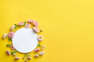 Photo of Flat lay composition with spring daisy flowers and card on color background. Space for text