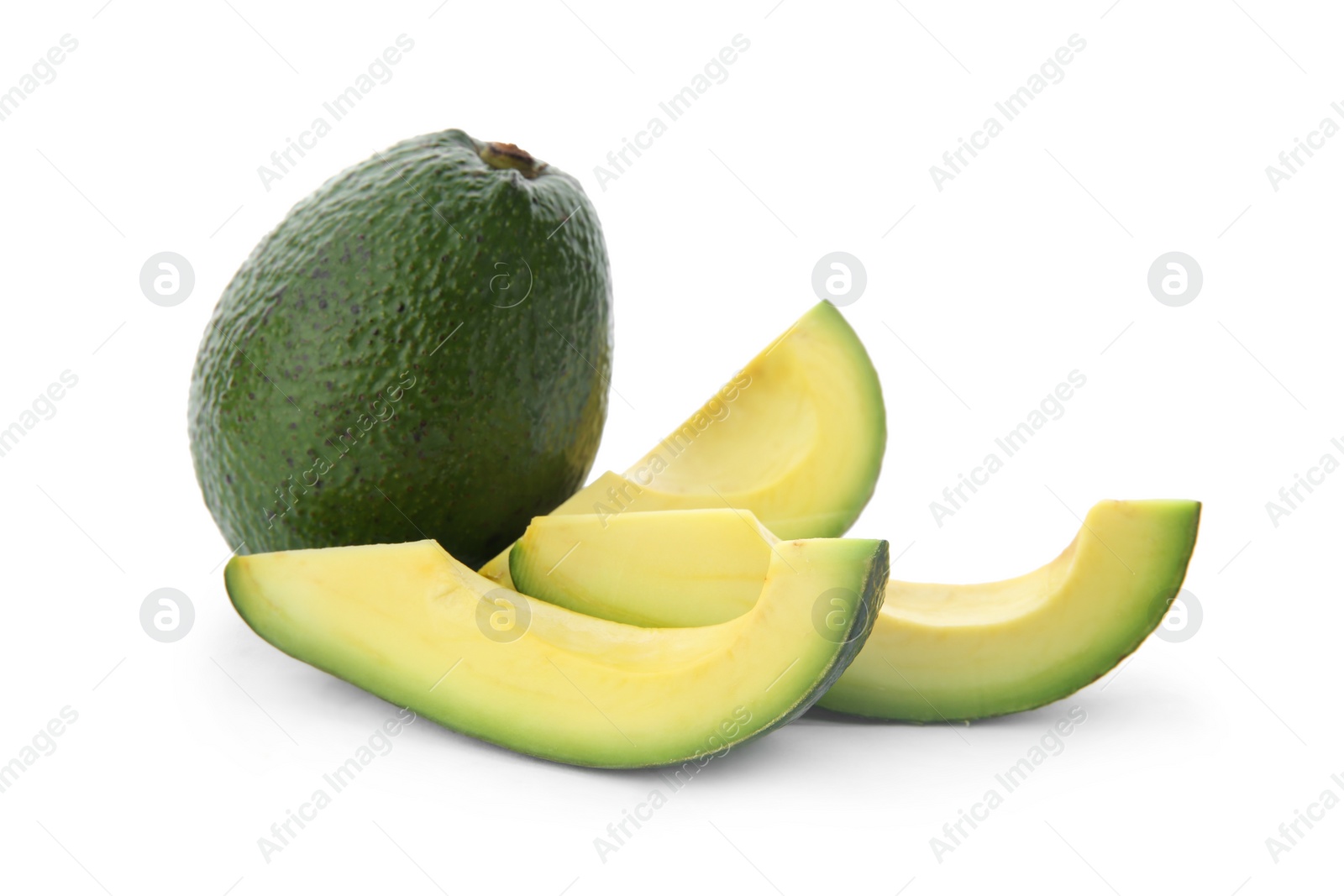 Photo of Ripe avocados on white background. Tropical fruit