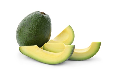 Photo of Ripe avocados on white background. Tropical fruit