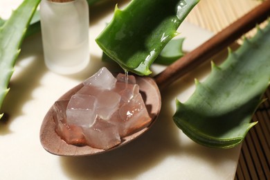 Pouring aloe vera gel from leaf into spoon at light table, closeup