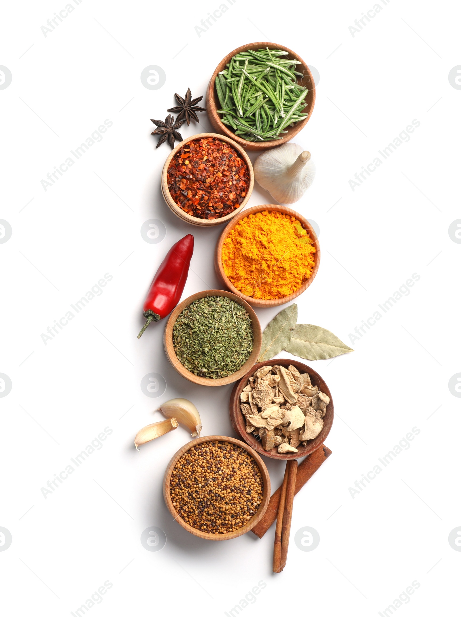 Photo of Beautiful composition with different aromatic spices on white background