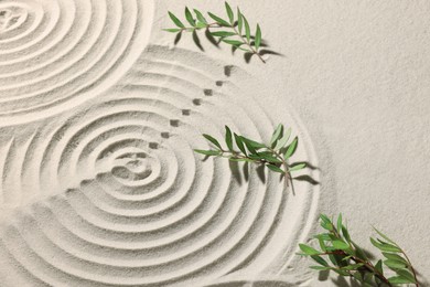 Photo of Beautiful spirals and branches on sand. Zen garden