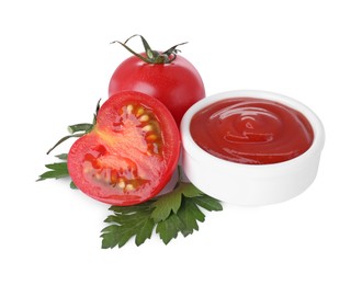 Photo of Bowl with tasty ketchup, parsley and fresh tomatoes isolated on white