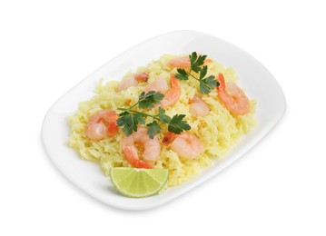 Photo of Delicious risotto with shrimps, lime and parsley isolated on white