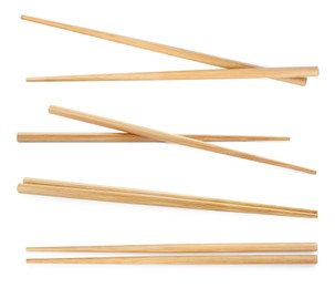 Image of Collage with wooden chopsticks isolated on white