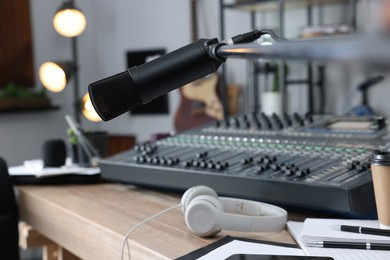 Professional audio equipment in modern radio studio