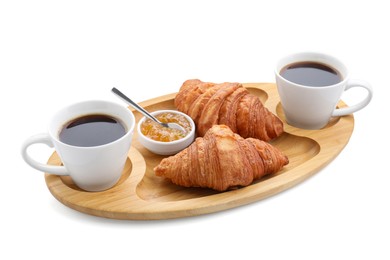 Photo of Tasty breakfast. Cups of coffee, jam and croissants isolated on white