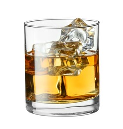 Whiskey and ice cubes in glass isolated on white