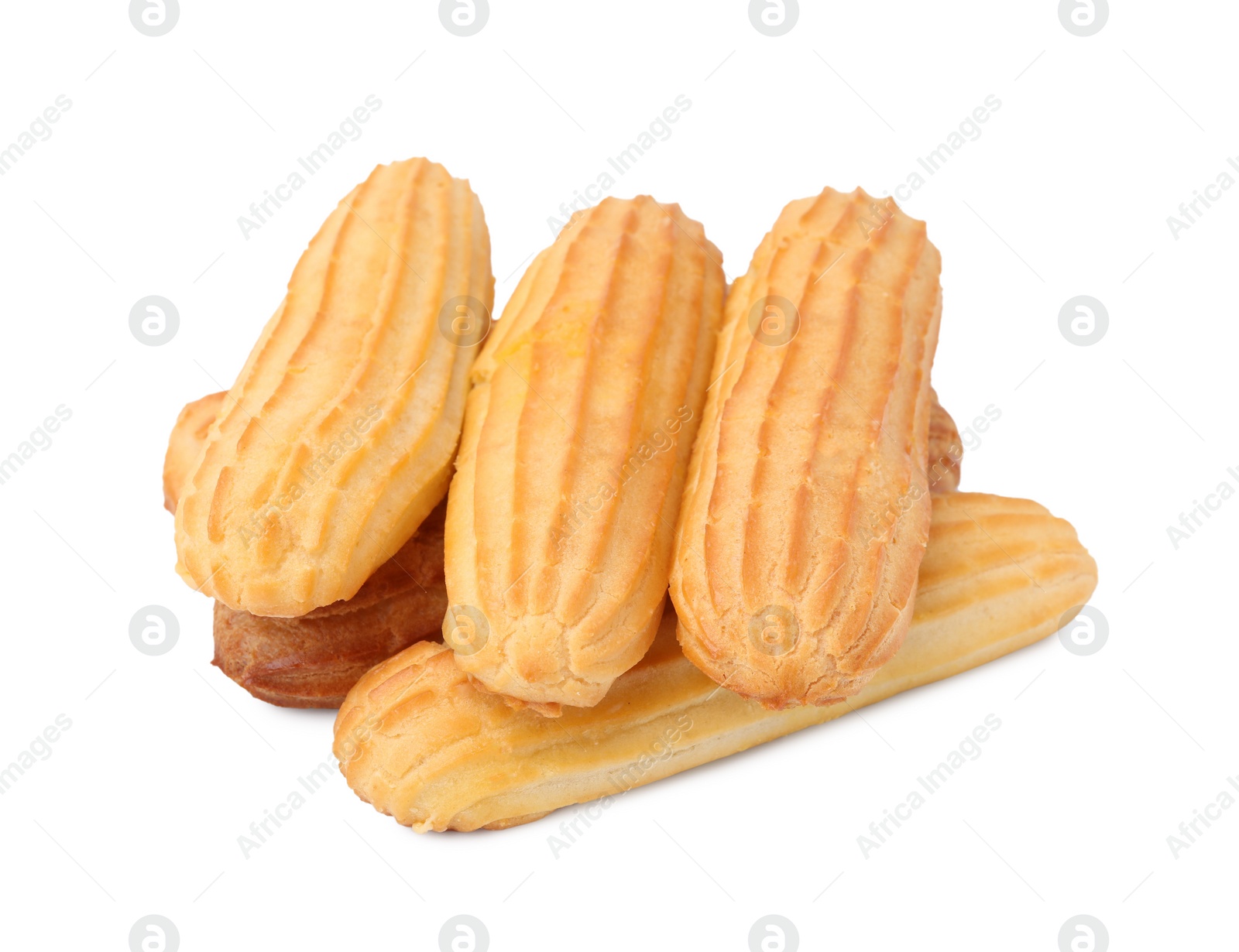 Photo of Many fresh delicious eclairs isolated on white