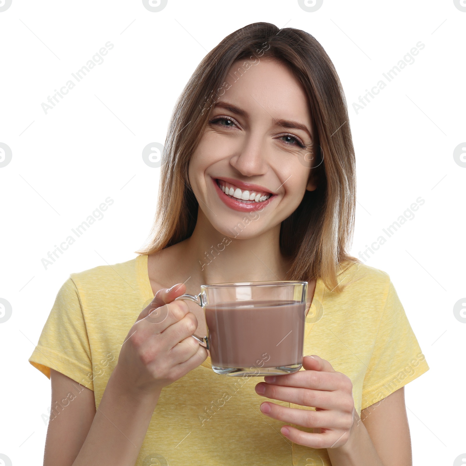 Photo of Young woman with glass cup of chocolate milk on white background