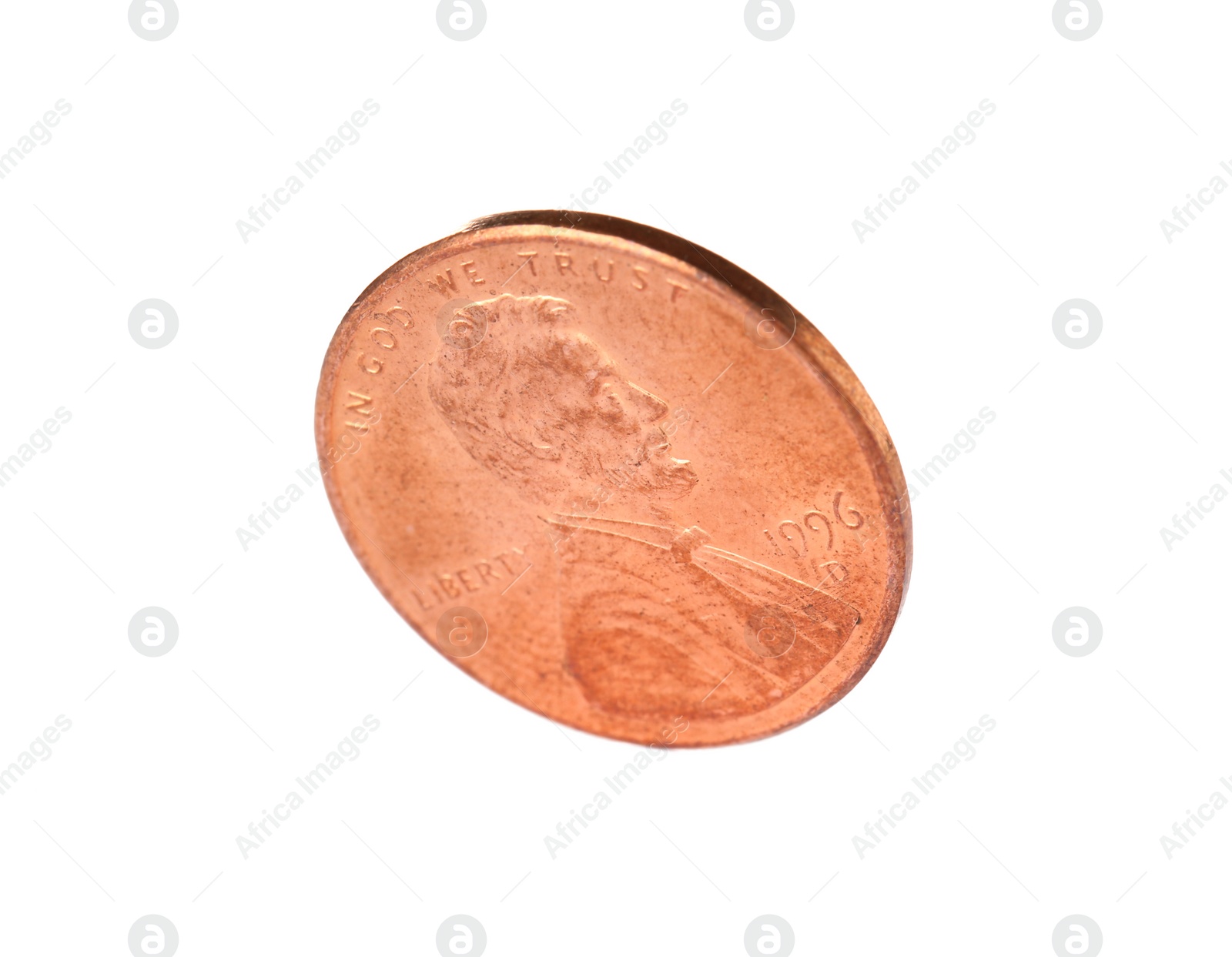 Photo of United States one cent coin on white background