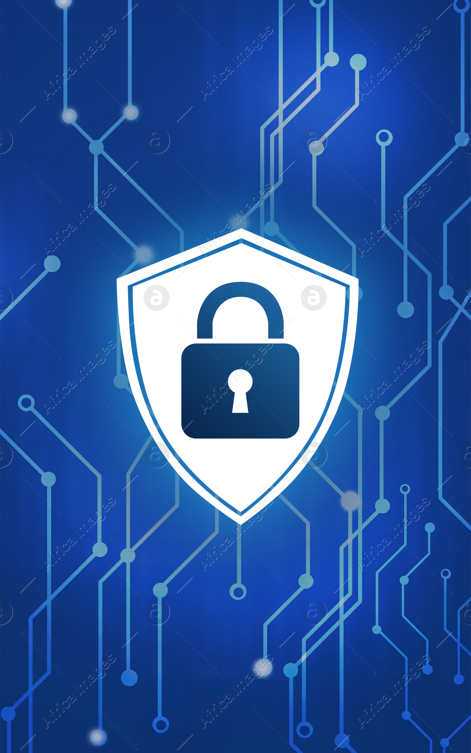 Illustration of Shield with padlock illustration as symbol of cyber security and circuit board pattern on blue background