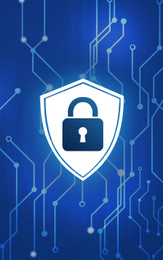 Illustration of Shield with padlock illustration as symbol of cyber security and circuit board pattern on blue background