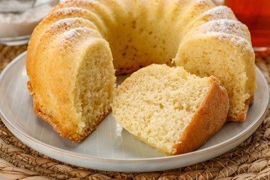 Photo of Delicious freshly baked sponge cake on table, closeup