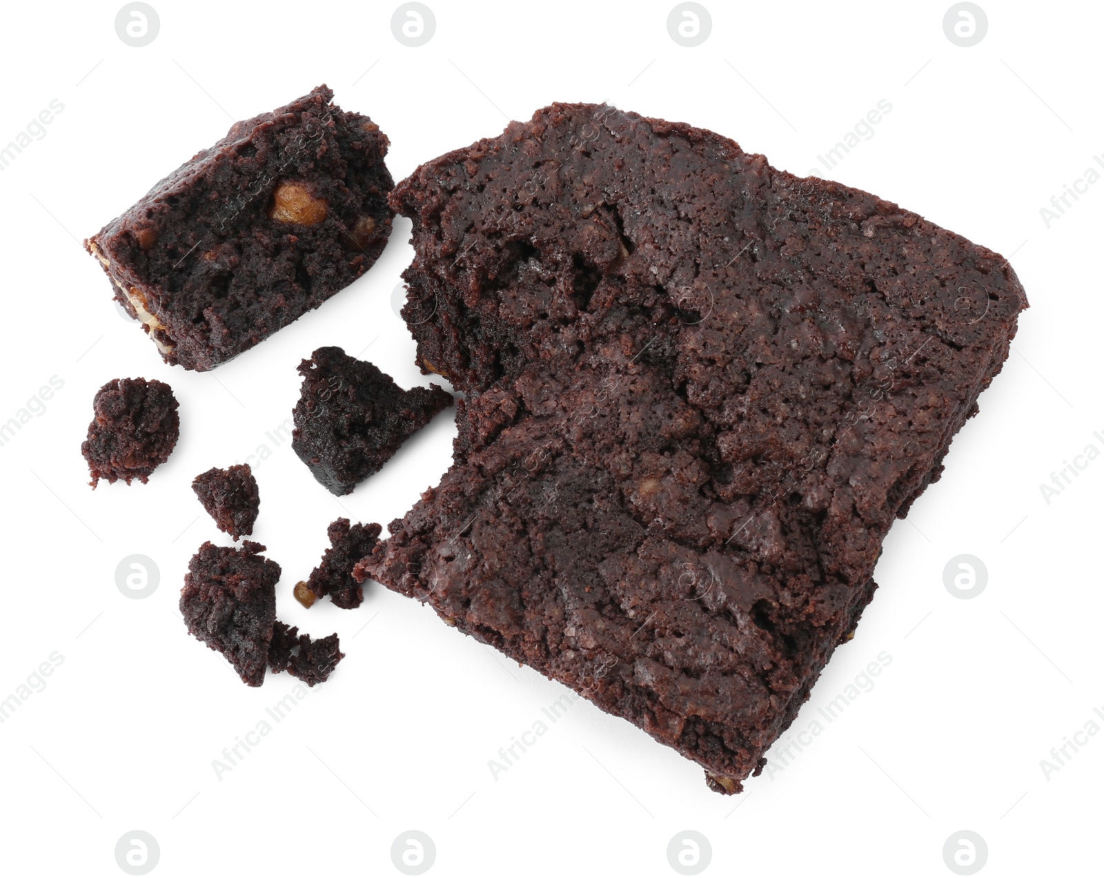 Photo of Delicious chocolate brownie with nuts on white background, top view