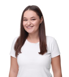 Photo of Smiling woman with dental braces on white background