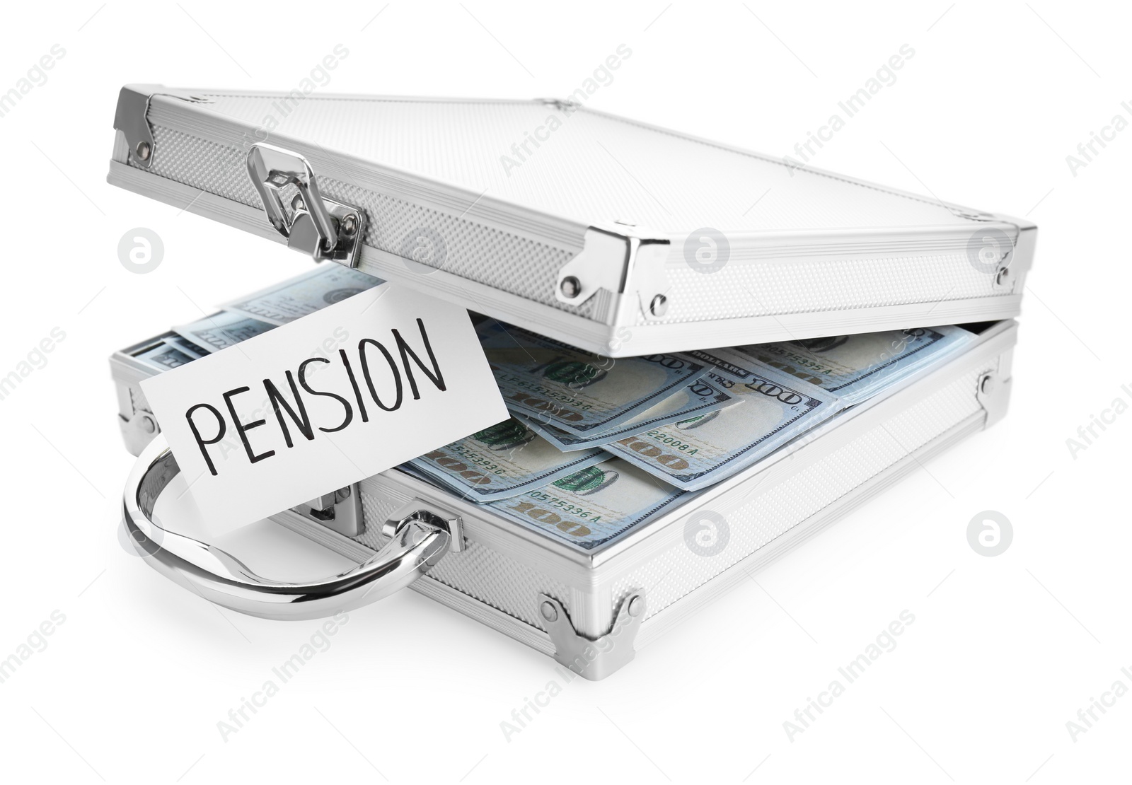 Photo of Card with word Pension and case of dollar banknotes isolated on white