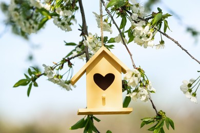 Photo of Yellow bird house with heart shaped hole hanging from tree branch outdoors