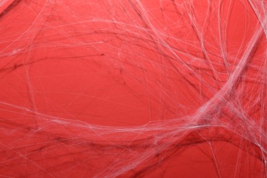 Photo of Creepy white cobweb hanging on red background